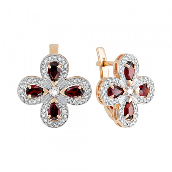 Золотые серьги с гранатом и фианитом № 128497