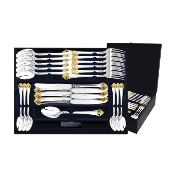 Набор столовый Афина 48 предметов с позолотой : вилка, ложка, нож, чайная ложка из серебра 925 пробы