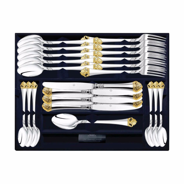 Набор столовый Афина 24 предмета с позолотой : вилка, ложка, нож, чайная ложка из серебра 925 пробы