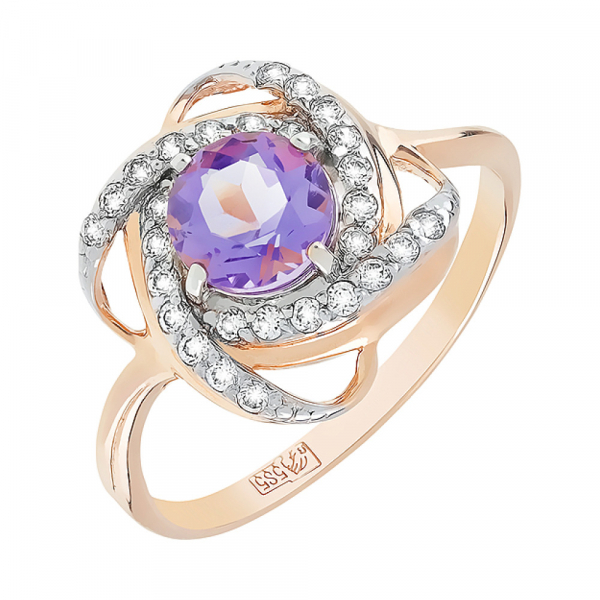 Золотое кольцо с аметистом и фианитом № 81282