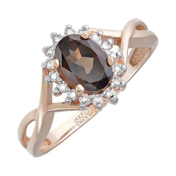 Золотое кольцо с раухтопазом и фианитом № 126373