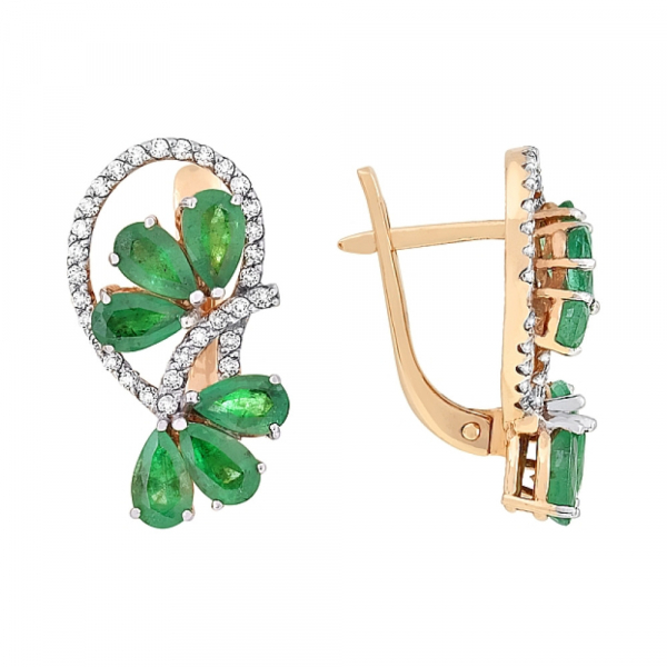 Золотые серьги с изумрудом и фианитом № 86144