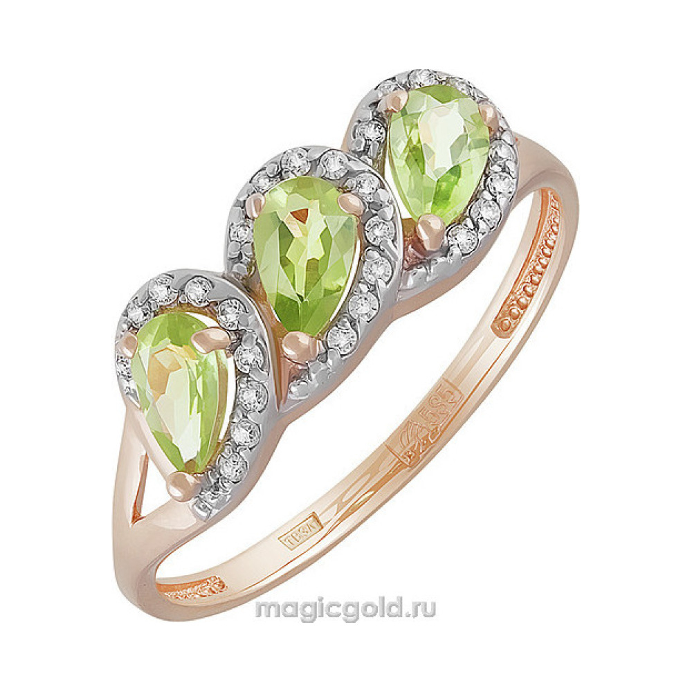 Золотое кольцо с хризолитом и фианитом № 141329