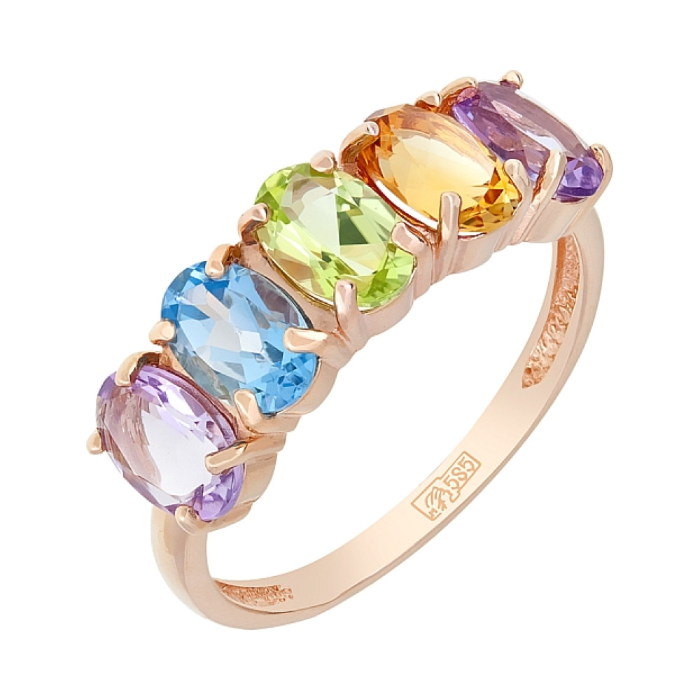Золотое кольцо с аметистом, топазом, хризолитом и цитрином № 114397