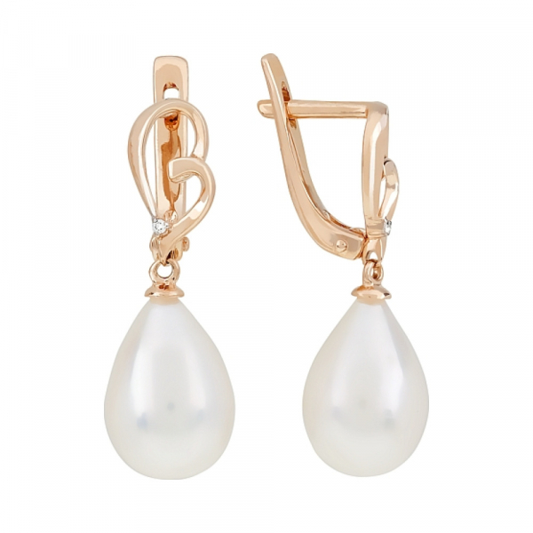 Золотые серьги с жемчугом и фианитом № 116354