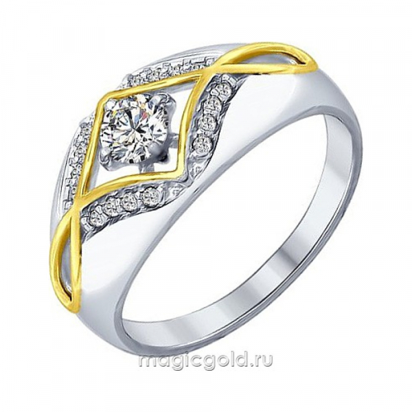 Серебряное кольцо с фианитом и золотым покрытием № 155774