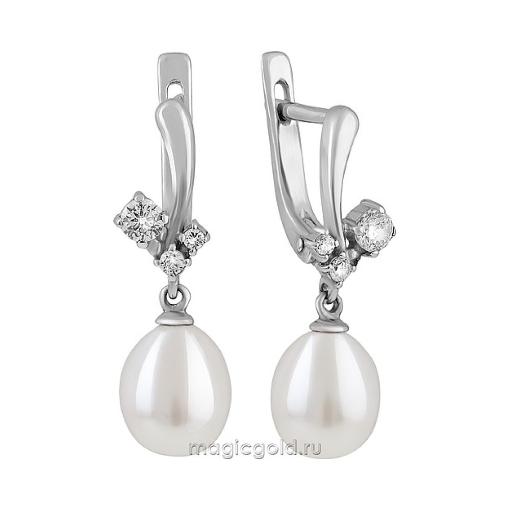 Серебряные серьги с культивированным жемчугом и фианитом № 162419