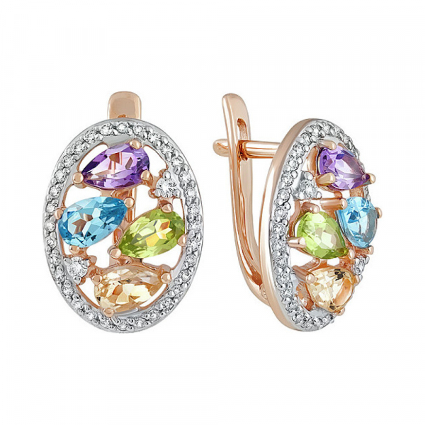 Золотые серьги с полудрагоценными вставками и фианитом № 135558