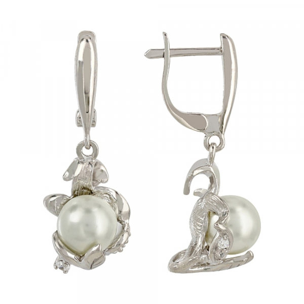 Серебряные серьги с имитац. жемчуга и фианитом № 106306