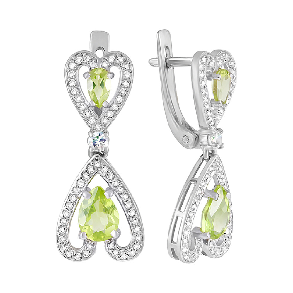 Серебряные серьги с хризолитом и фианитом № 123280