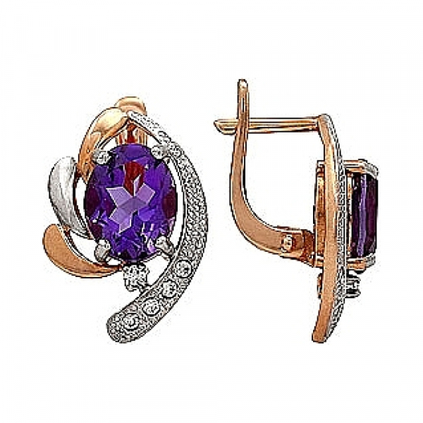 Золотые серьги с аметистом и фианитом № 65060