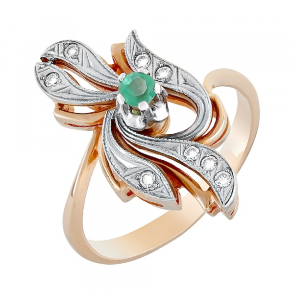 Золотое кольцо с бриллиантом и изумрудом № 4208