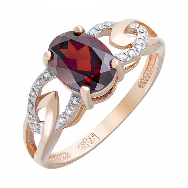 Золотое кольцо с гранатом и фианитом № 124106