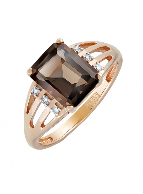 Золотое кольцо с раухтопазом и фианитом № 131600