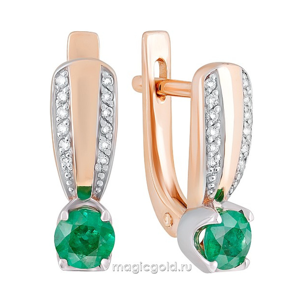 Золотые серьги с бриллиантом и изумрудом № 124142
