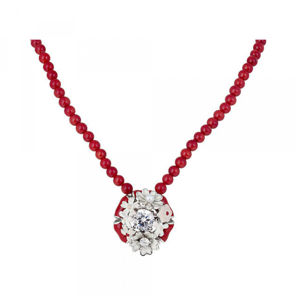 Ожерелье с кораллом, фианитом и эмалью  № 133844