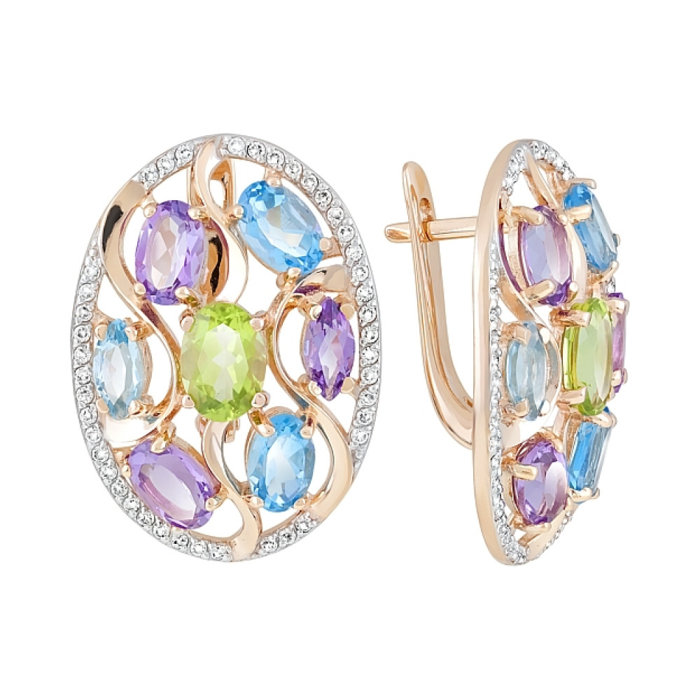 Золотые серьги с полудрагоценными  вставками и фианитом № 120478