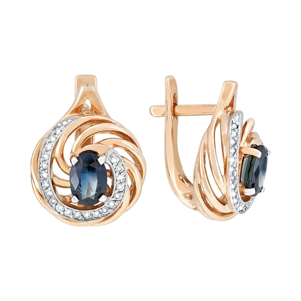 Золотые серьги с бриллиантом и сапфиром № 119193