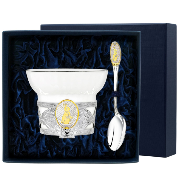 Набор чайная чашка с логотипом Кролик : ложка, чашка из серебра 925 пробы подарок на Новый Год