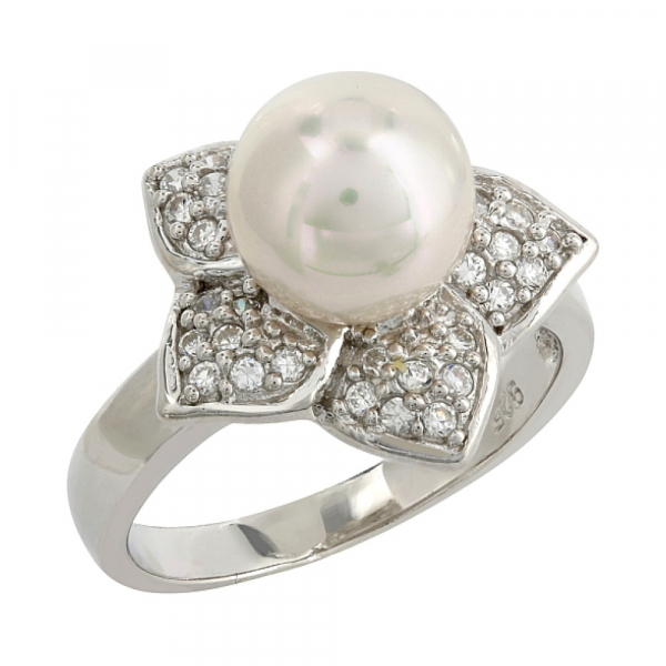 Серебряное кольцо с имитац. жемчуга и фианитом № 106733