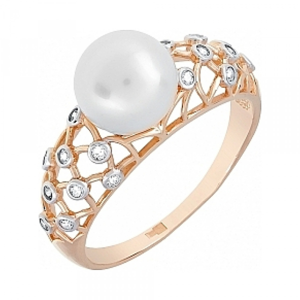 Золотое кольцо с жемчугом и фианитом № 115584