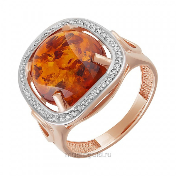 Золотое кольцо с янтарем и фианитом № 160658
