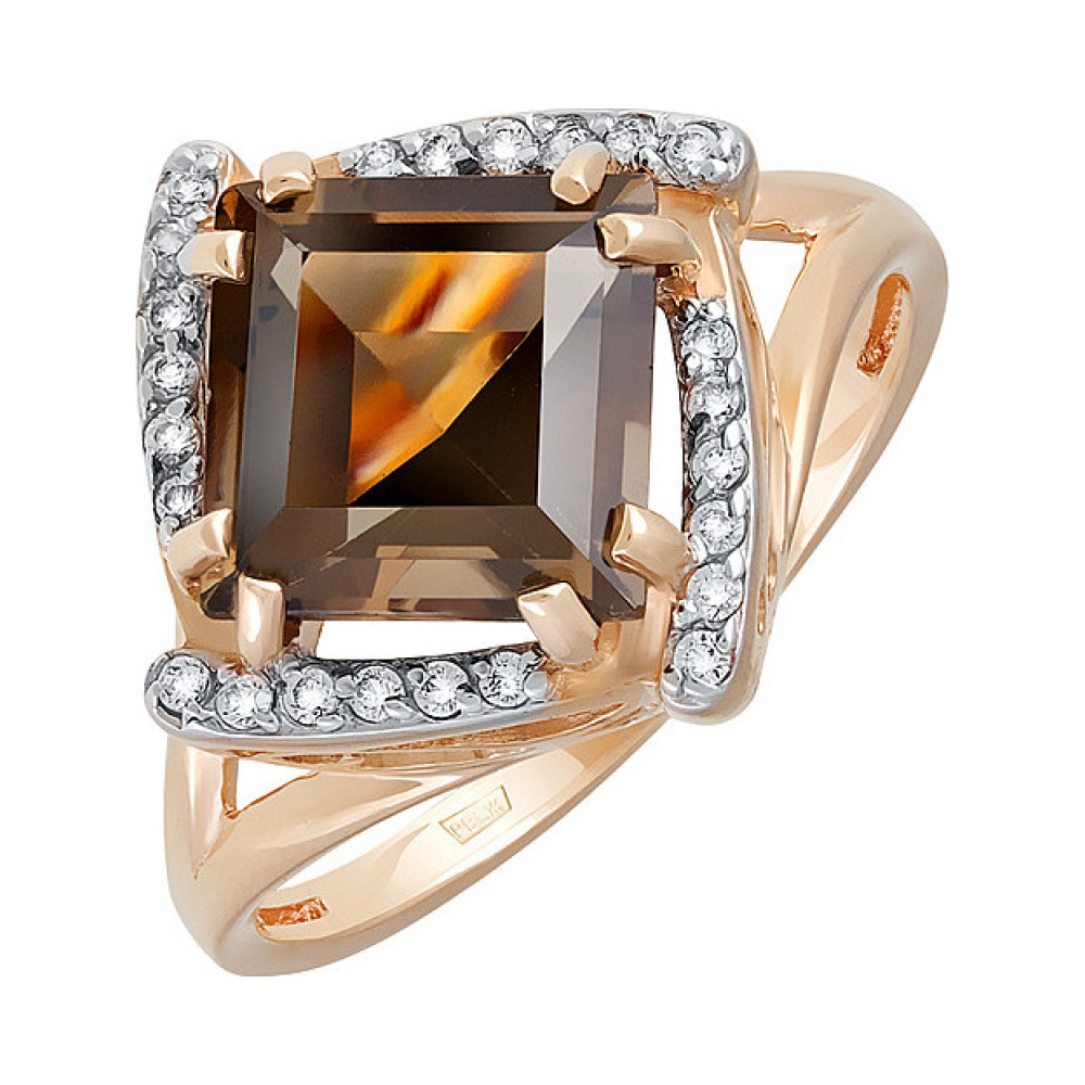 Золотое кольцо с раухтопазом и фианитом № 123083