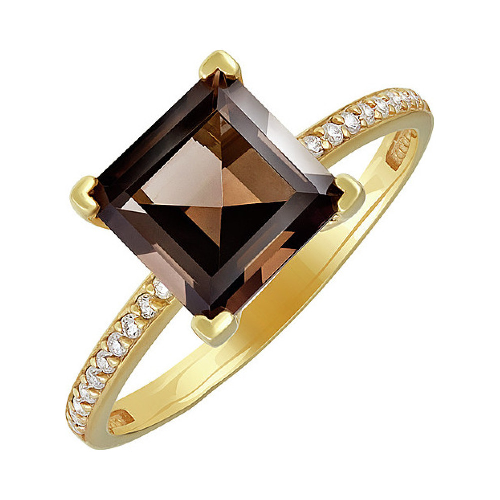 Серебряное кольцо с раухтопазом, фианитом и золотым покрытием № 134043