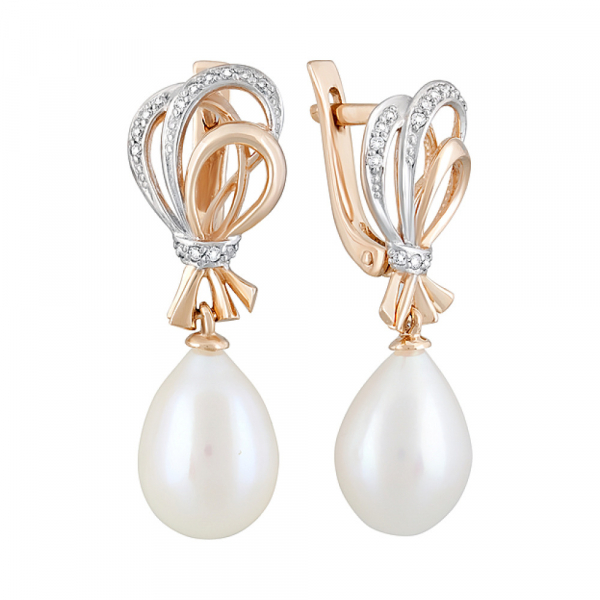 Золотые серьги с жемчугом и фианитом № 124123