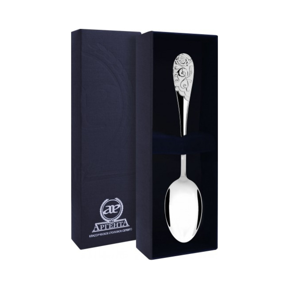 Серебряная чайная ложка  Роза  с белой эмалью