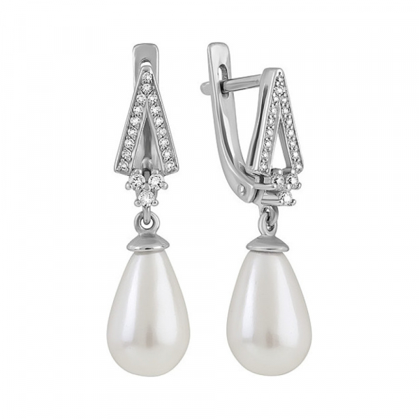 Серебряные серьги с перламутровым жемчугом и фианитом № 134598