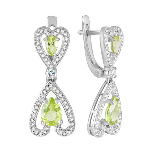 Серебряные серьги с хризолитом и фианитом № 123280