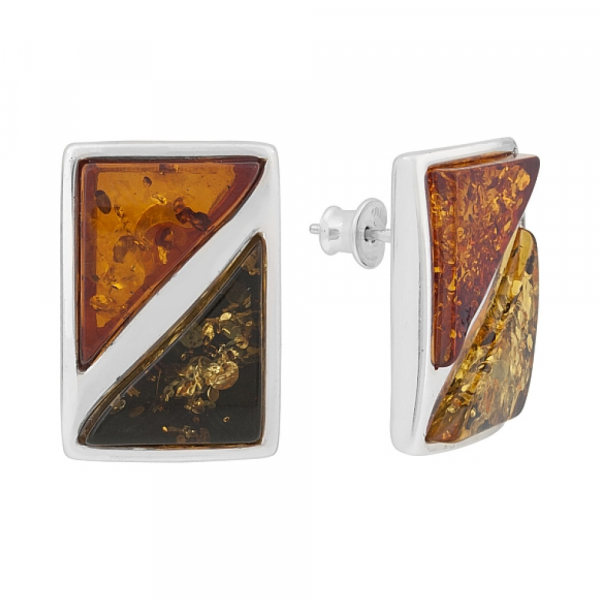 Серебряные серьги с янтарем разноцветным № 7378