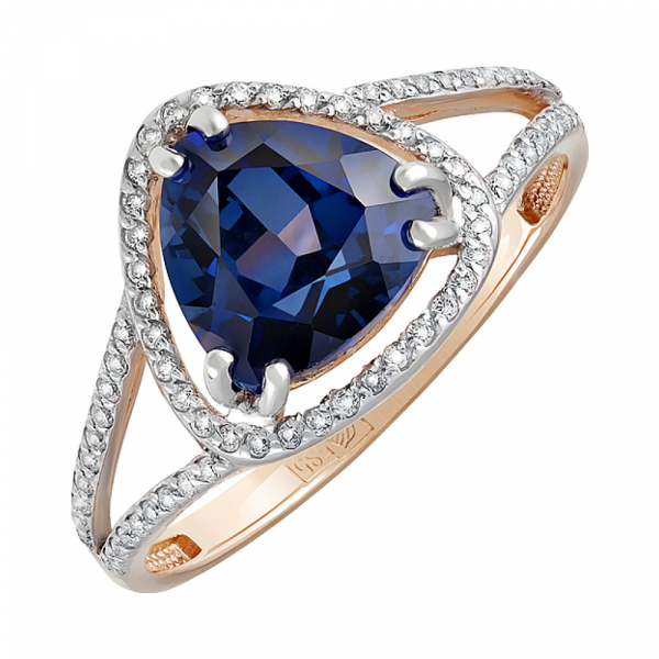 Золотое кольцо с сапфиром иск.выр. и фианитом № 129939