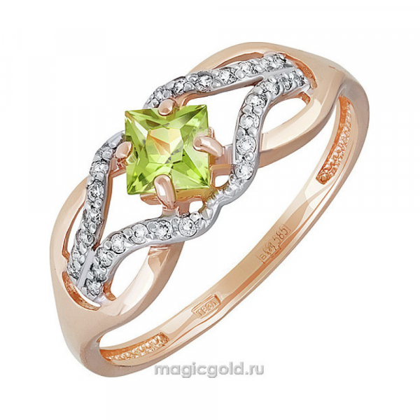 Золотое кольцо с хризолитом и фианитом № 141334
