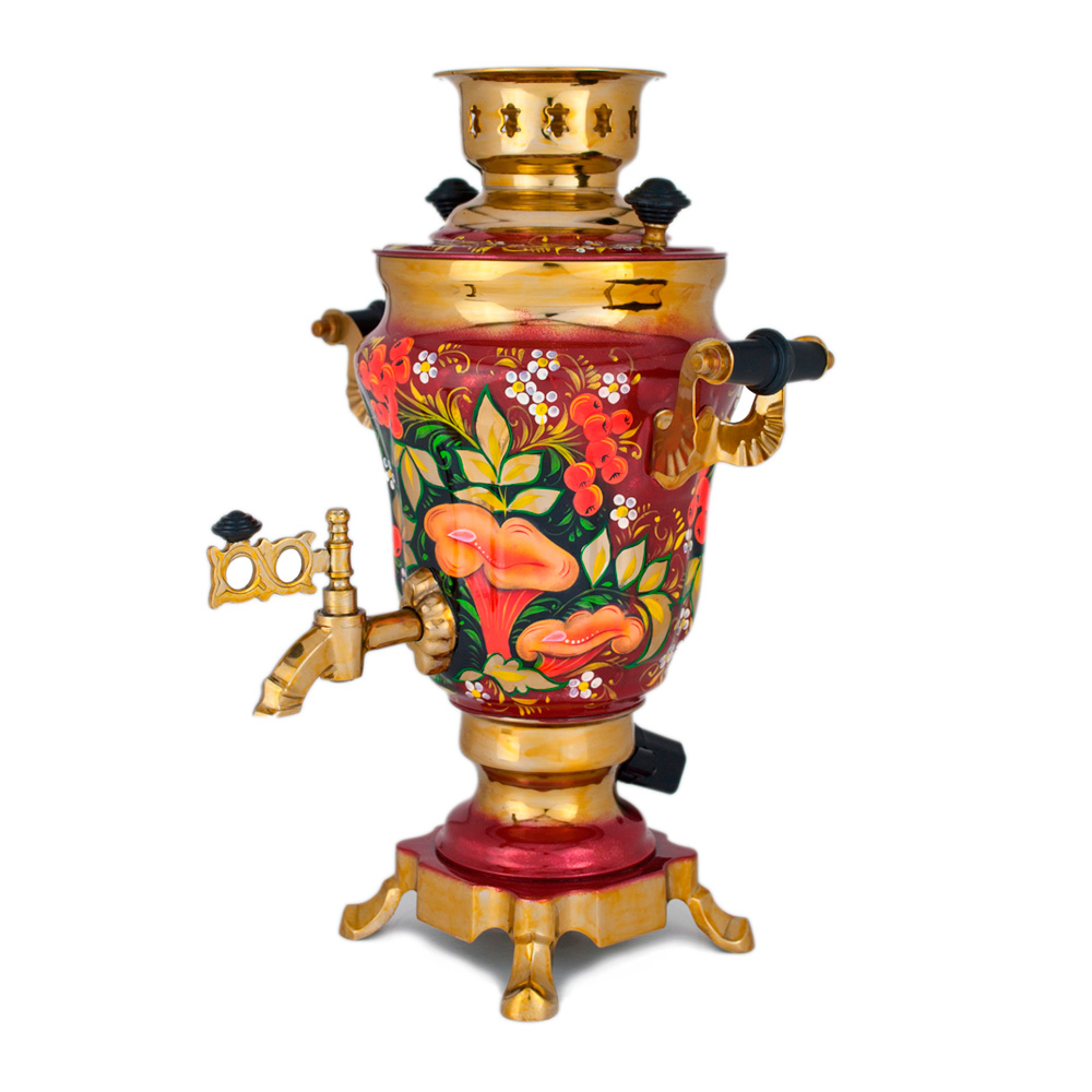 Фотография самовар электрический "тюльпан", 1.5 литра, роспись "грибы на красном" №1