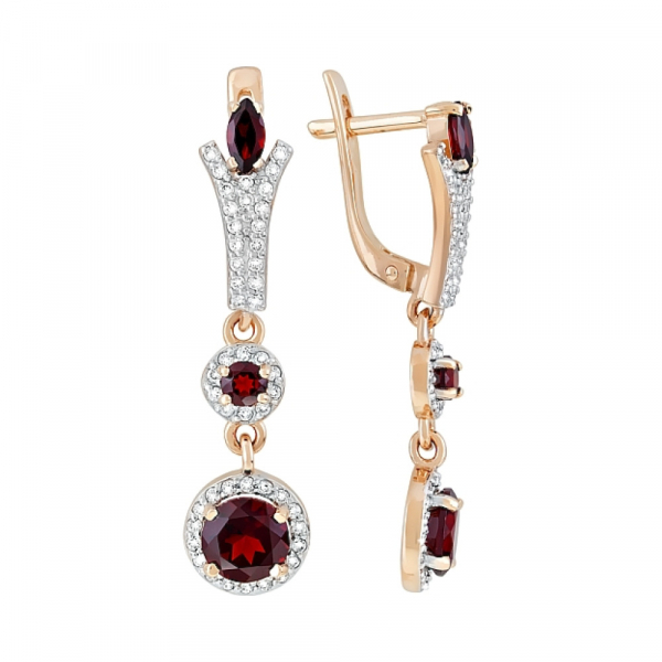 Золотые серьги с гранатом и фианитом № 119277