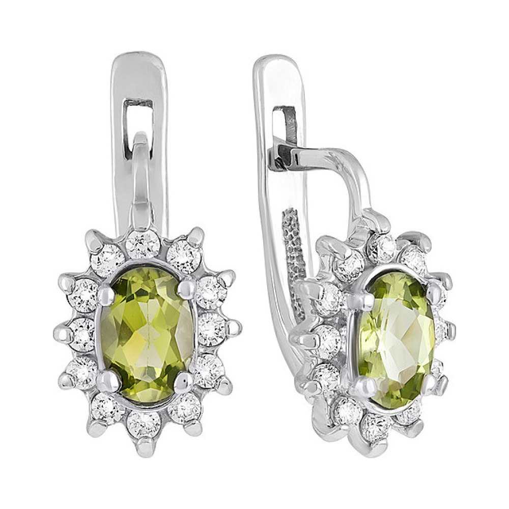 Серебряные серьги с хризолитом и фианитом № 132095