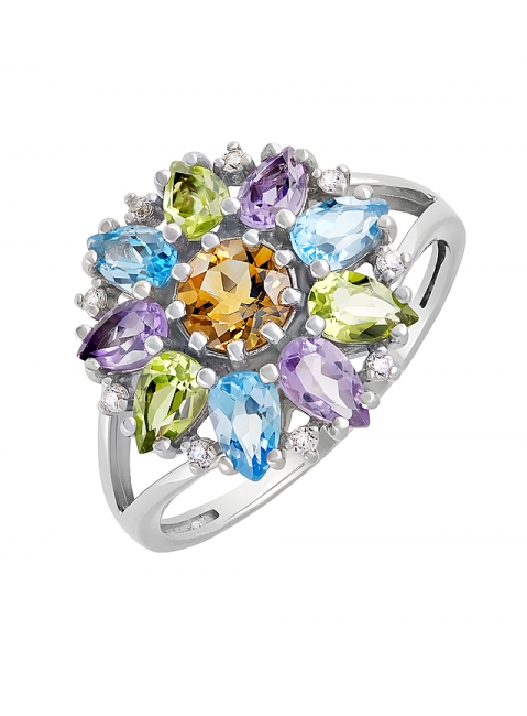 Серебряное кольцо с полудрагоценными вставками и фианитом № 131469