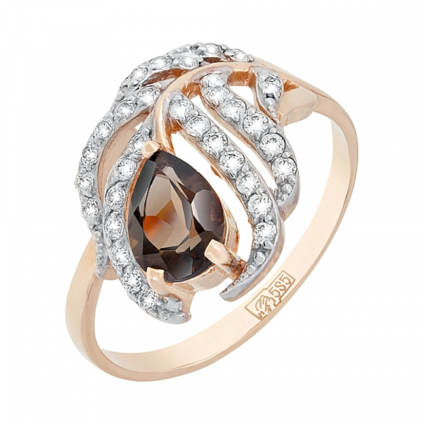 Золотое кольцо с раухтопазом и фианитом № 117476