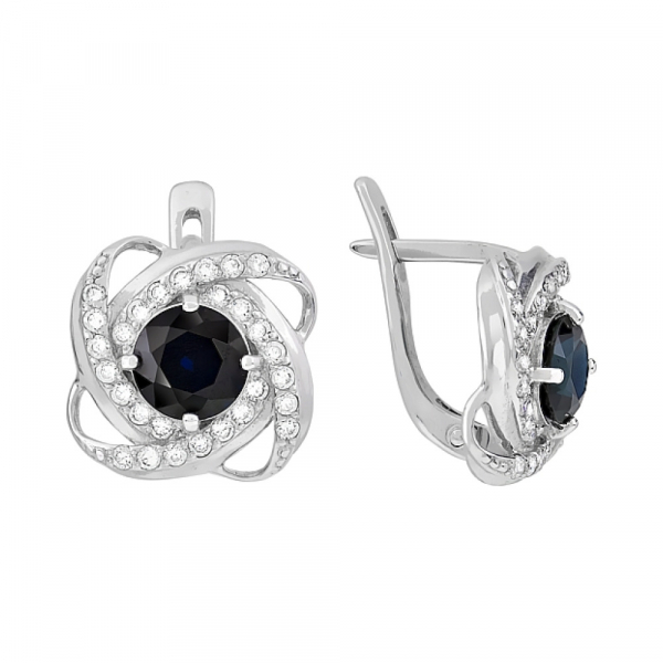 Золотые серьги с чер. сапфиром и фианитом № 83891