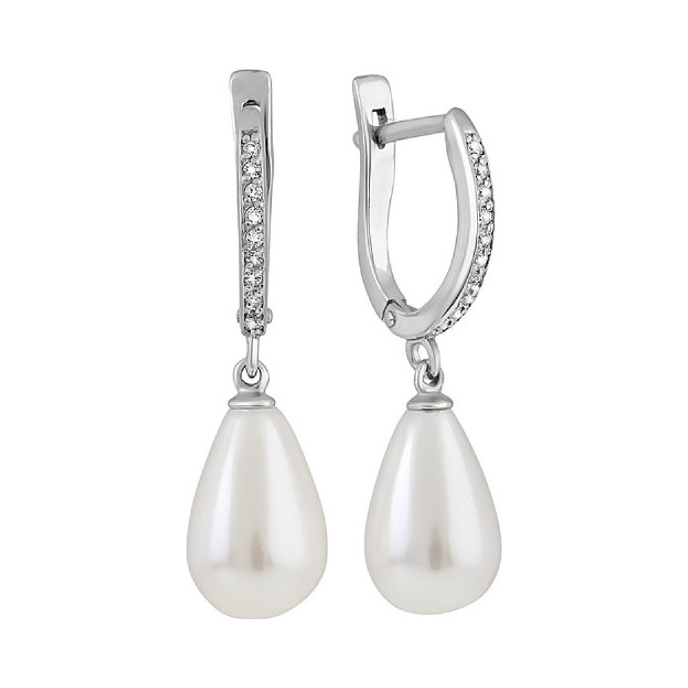 Серебряные серьги с перламутровым жемчугом и фианитом № 134602