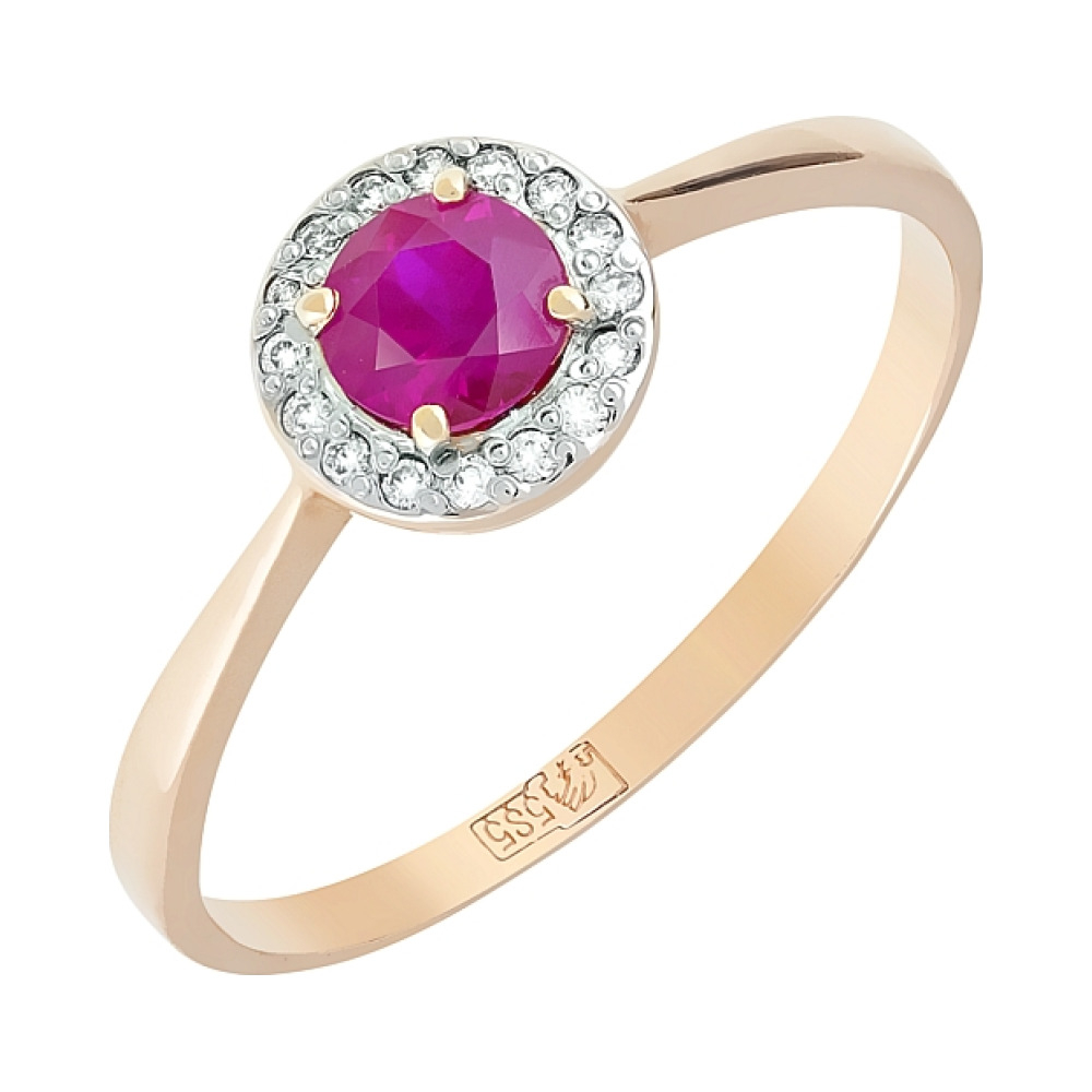 Золотое кольцо с бриллиантом и рубином № 111849