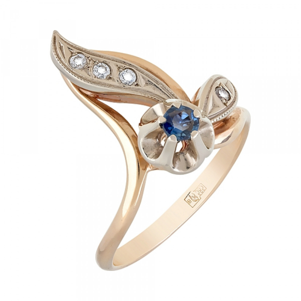 Золотое кольцо с сапфиром и фианитом № 4281