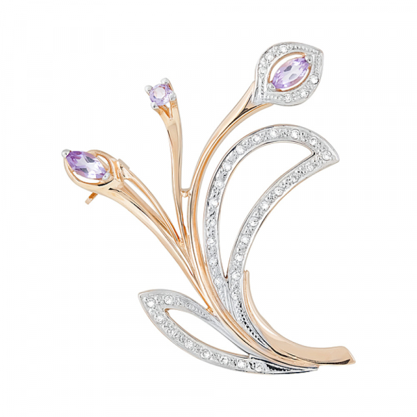 Золотая брошь с аметистом и фианитом № 122978