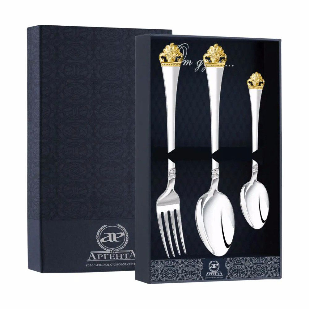 Набор столовый Афина с позолотой: ложка столовая; ложка чайная; вилка столовая в футляре из серебра 925 пробы
