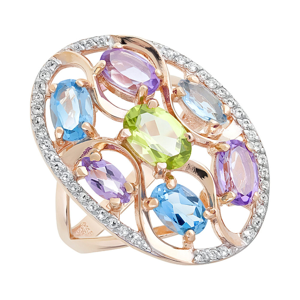 Золотое кольцо с полудрагоценными вставками и фианитом № 120449