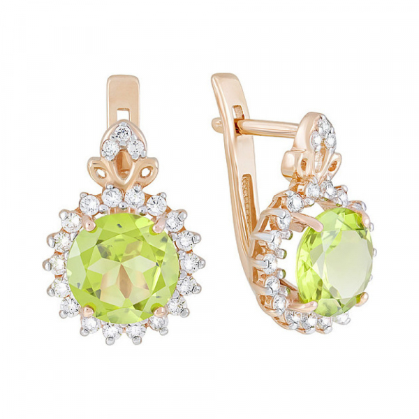 Золотые серьги с хризолитом и фианитом № 124519