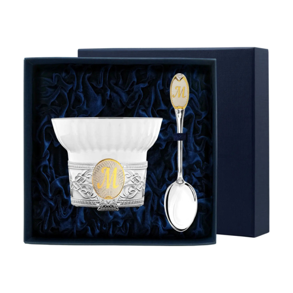 Набор чайная чашка с логотипом М : ложка, чашка из серебра 925 пробы