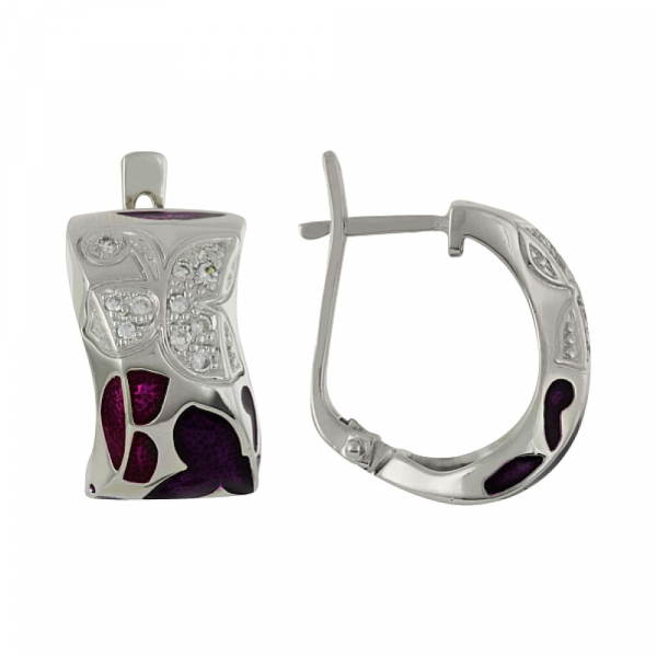 Серебряные серьги с фианитом и эмалью № 101087